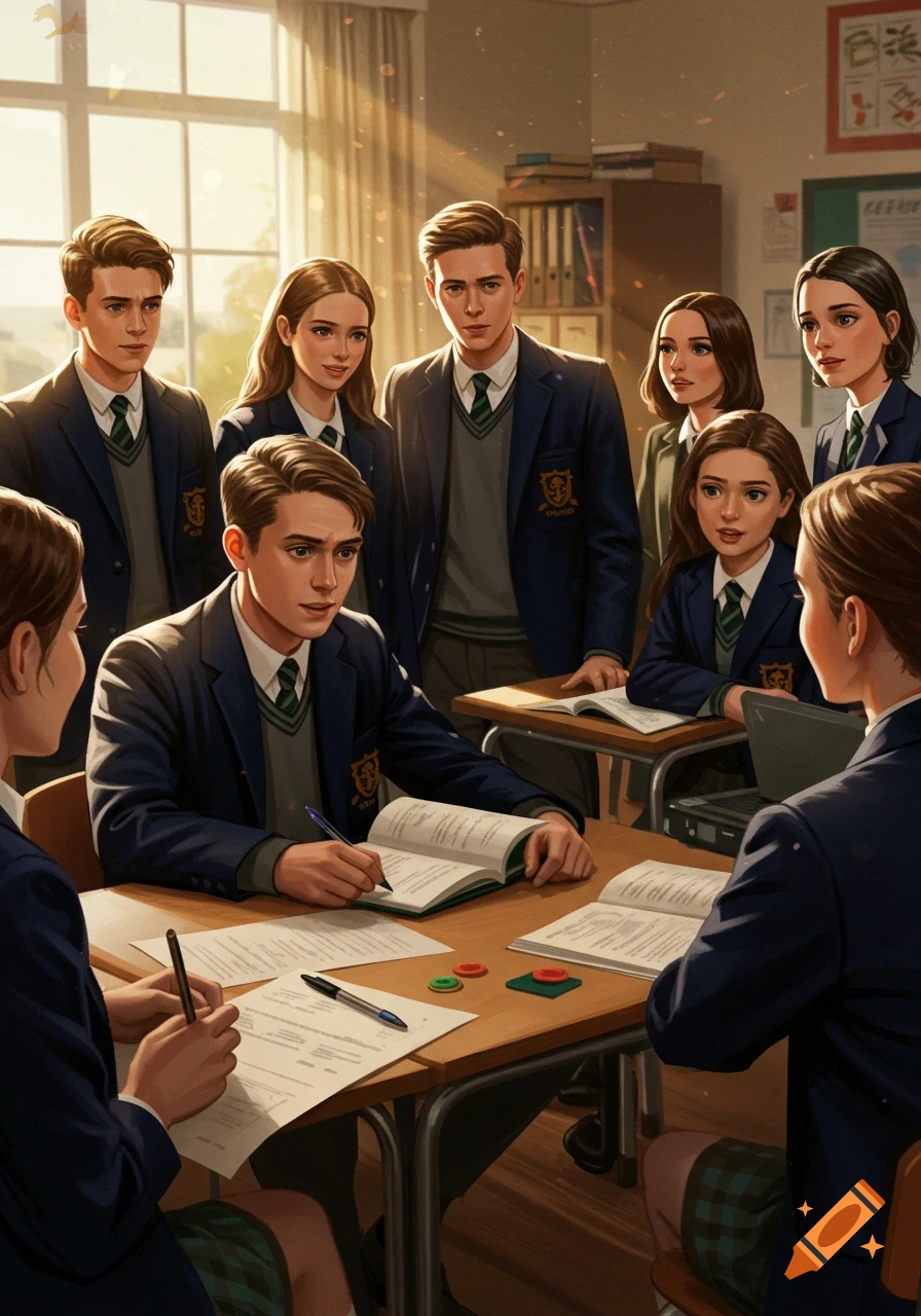 High school students in uniforms studying together in a sunlit classroom, with some standing and others seated at desks.