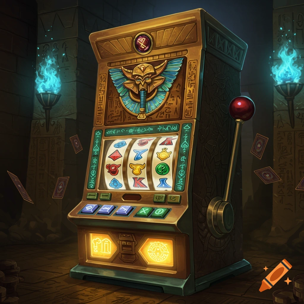 An ornate, golden slot machine with an Ancient Egyptian theme. It features an elephant head with wings, hieroglyph-like patterns, and reels displaying symbols like a red diamond, blue fish, yellow bull, green question mark, and the letter 'K'. Blue torches light the surrounding dark, ancient temple-like room where playing cards float.