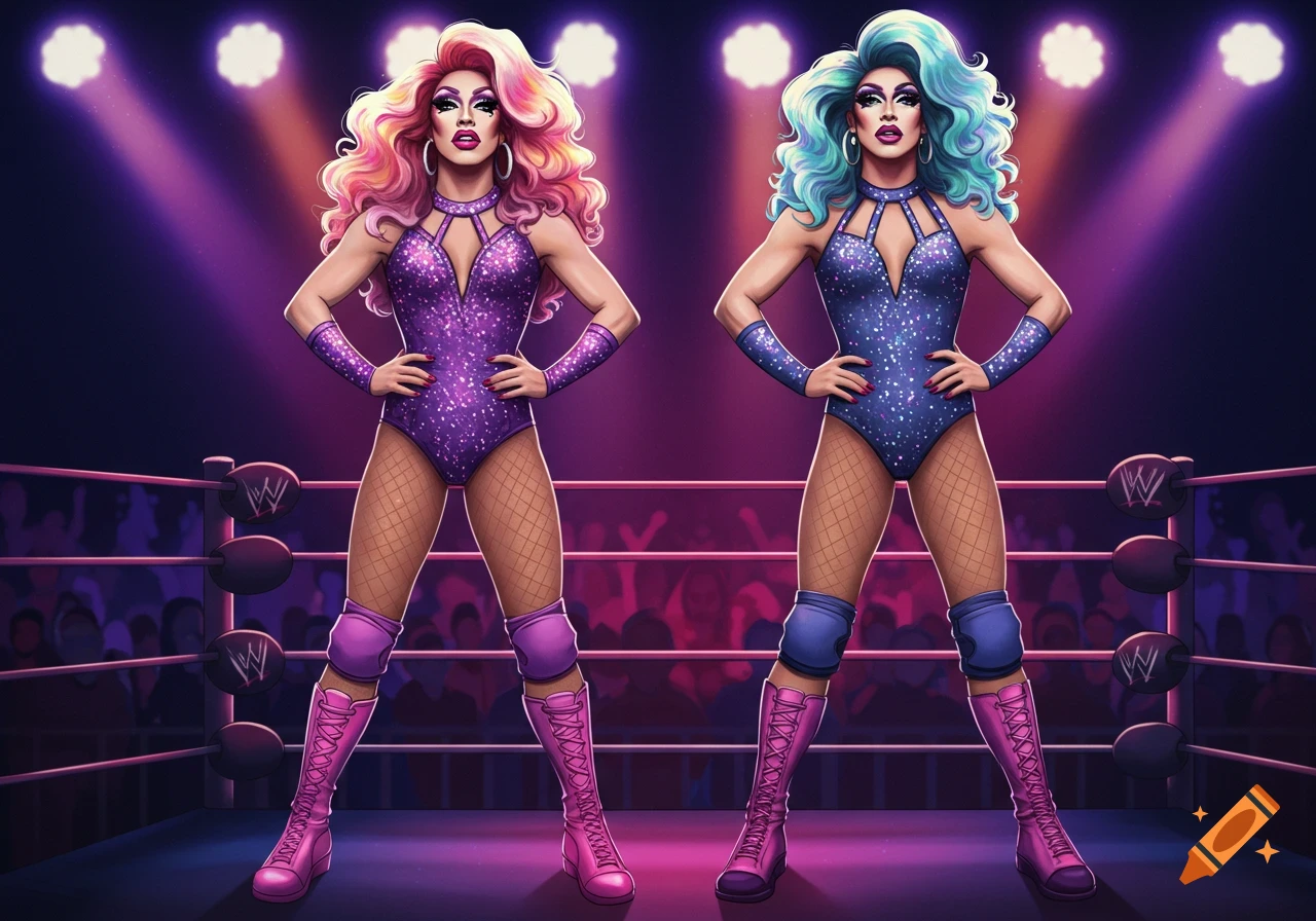 A vibrant illustration of two drag queens in sparkling purple and blue leotards, fishnet tights, and wrestling boots, posing in a wrestling ring.