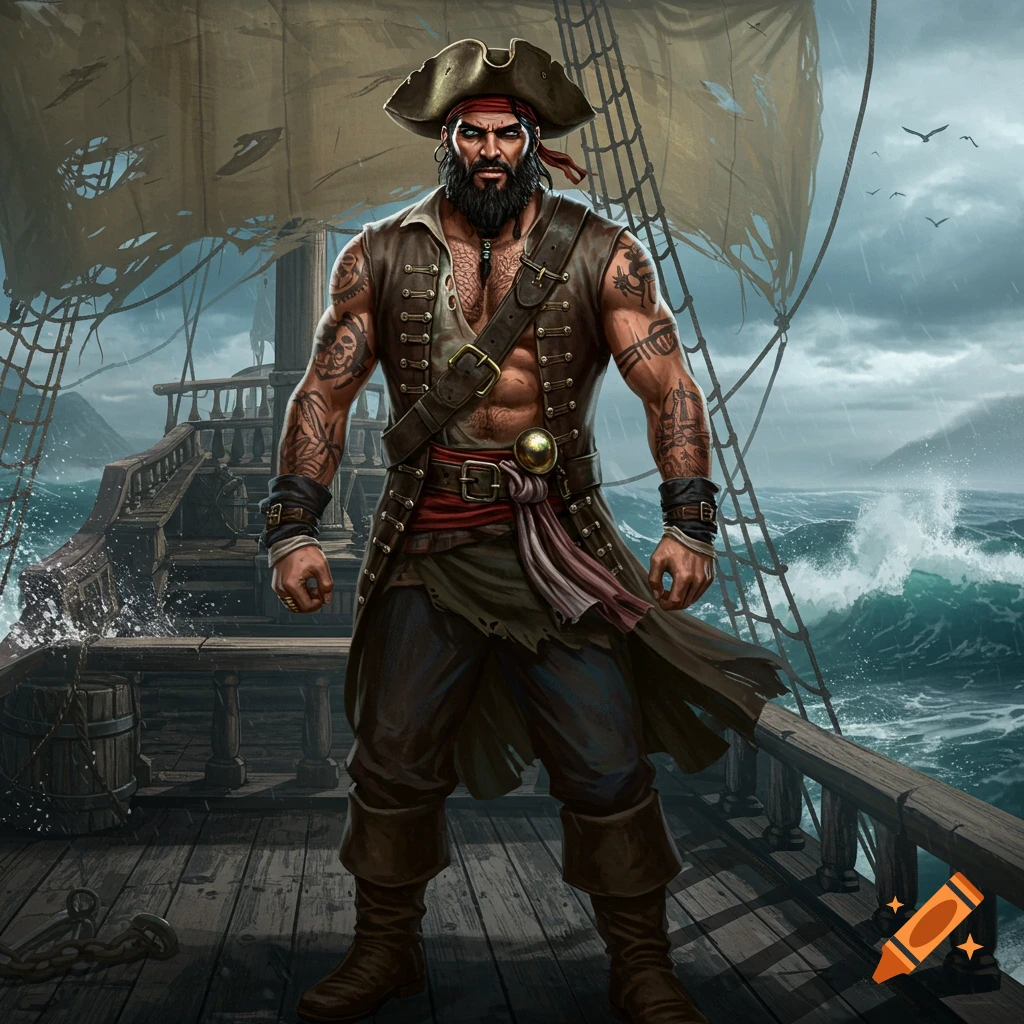 A muscular, bearded pirate with many tattoos stands on the deck of a ship during a stormy sea, art.