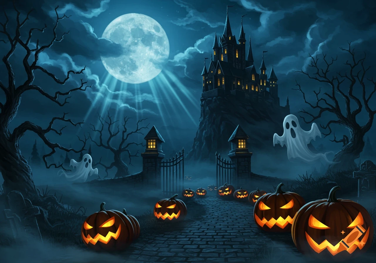 A spooky Halloween scene with a haunted castle, glowing jack-o'-lanterns on a cobblestone path, bare trees, and ghosts under a bright full moon.