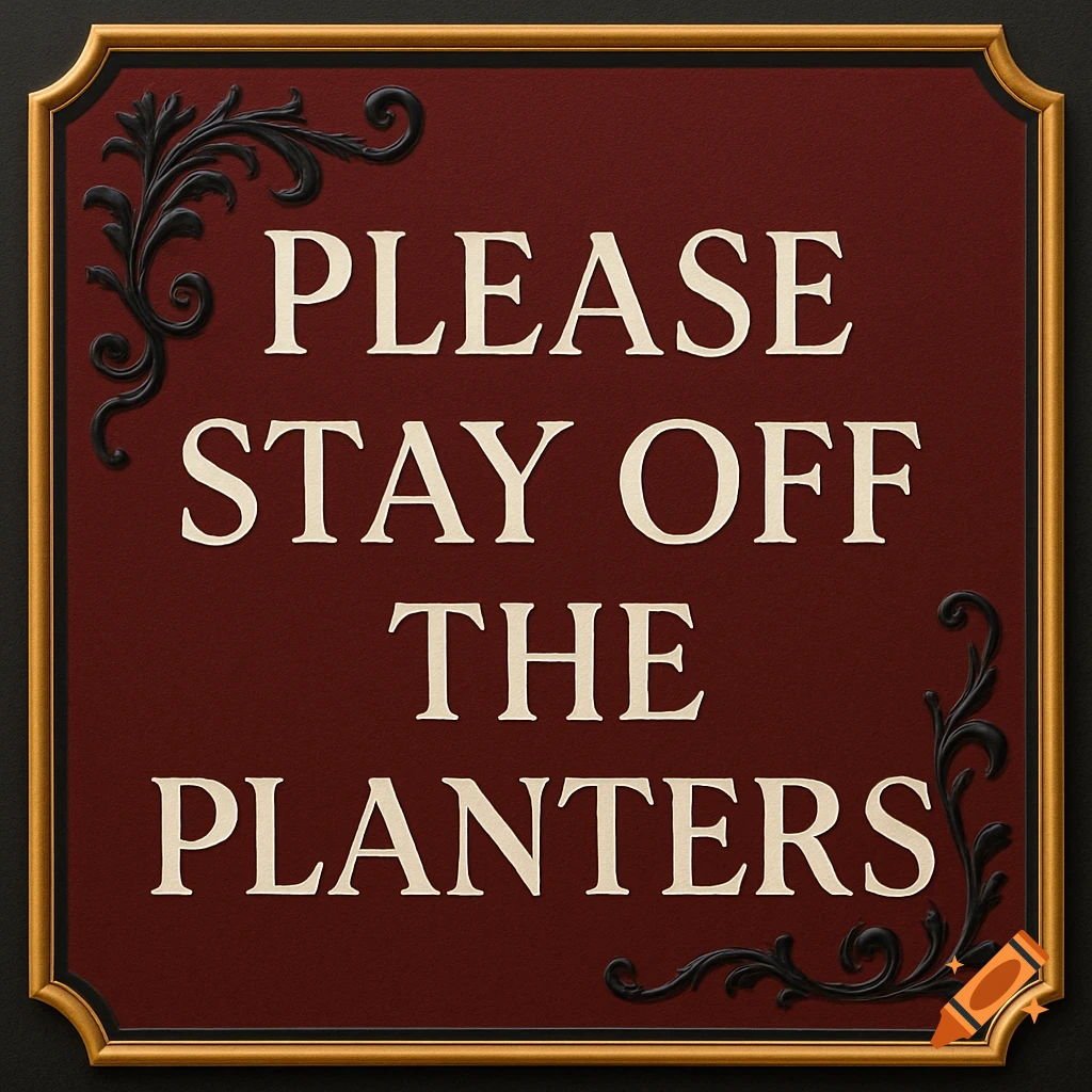 An elegant burgundy sign with gold borders and black scrollwork, featuring white text that reads 'PLEASE STAY OFF THE PLANTERS'.
