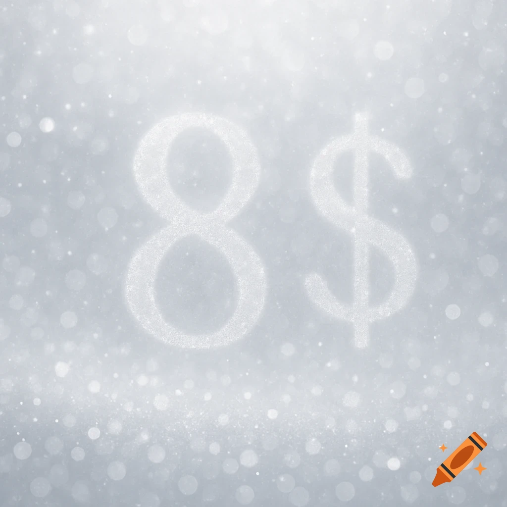 An abstract, shimmering silver and white background with a large number 8 and a dollar sign ($) subtly blended into the sparkles.
