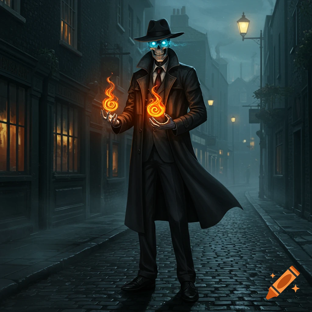 A skeleton detective in a fedora and trench coat stands on a wet cobblestone street at night, holding swirling orange flames, with glowing blue eyes.