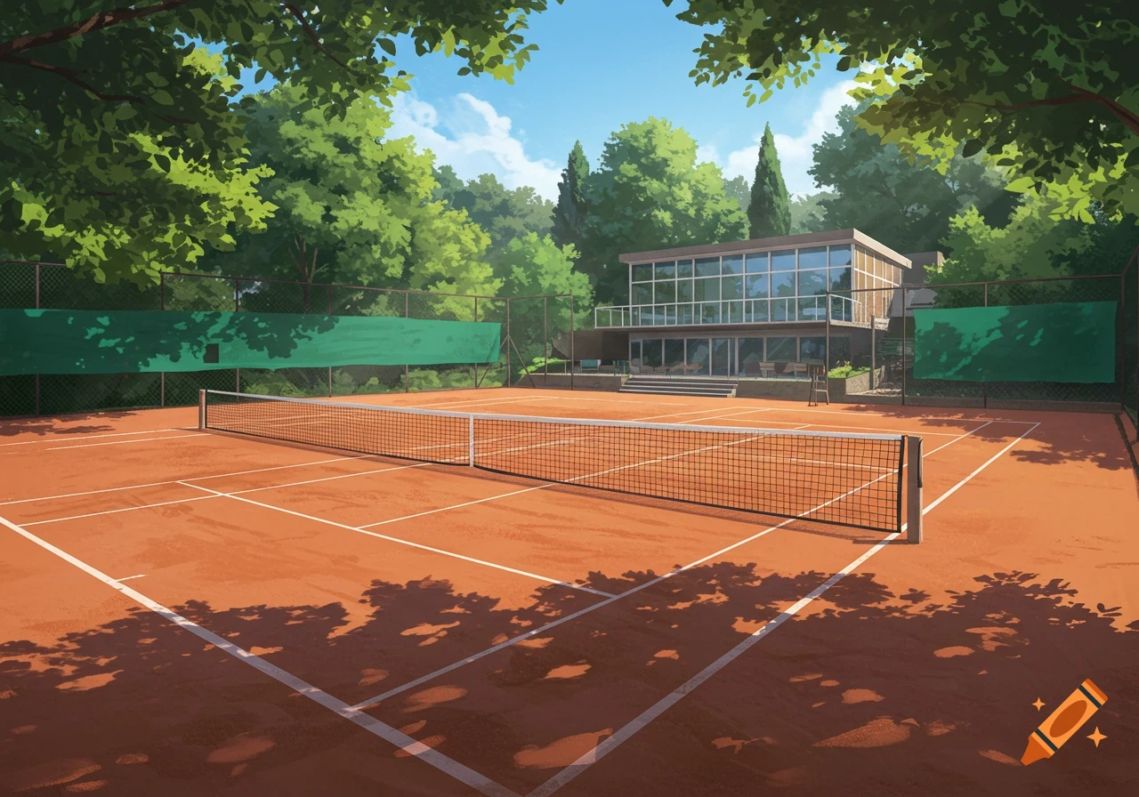 An illustrated clay tennis court with a net, surrounded by green trees and a modern building, under a blue sky.
