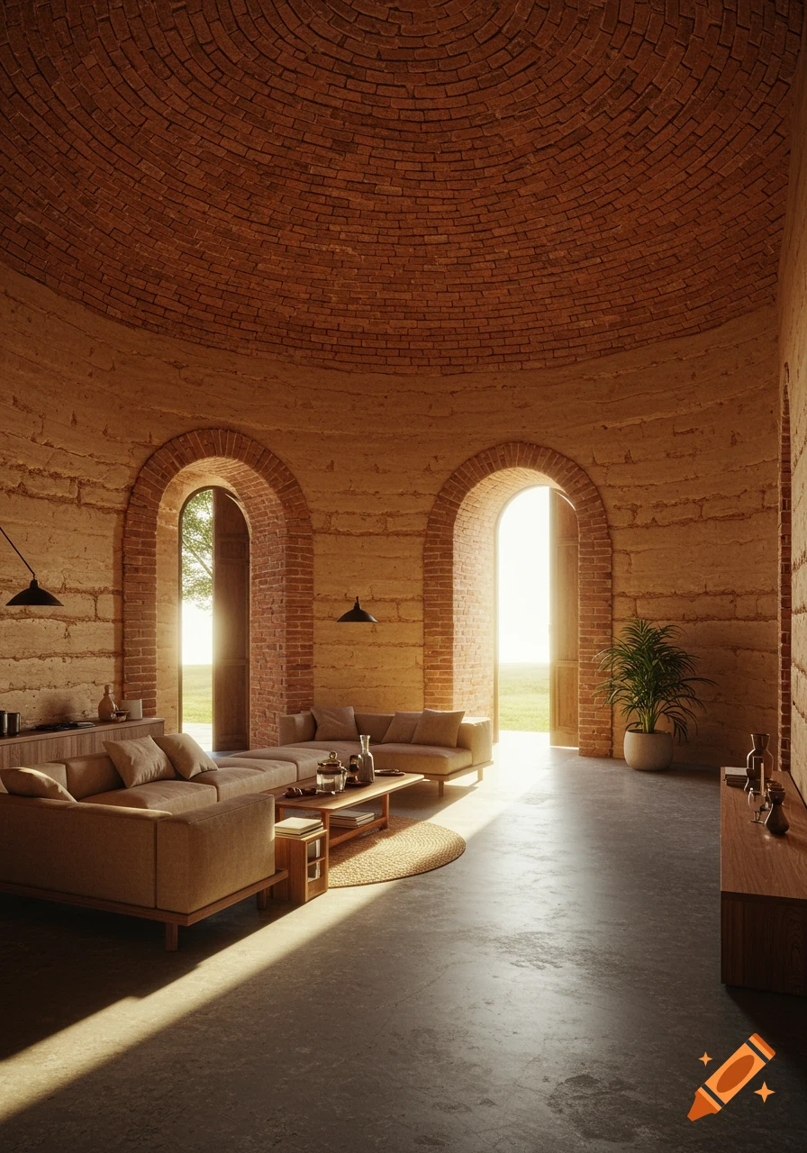 An interior living room with rammed earth walls, brick arch windows and doors opening to a grassy field, and a brick dome ceiling, bathed in warm sunlight.
