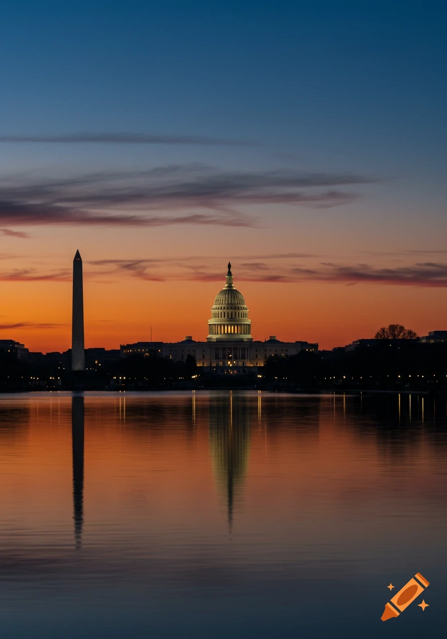 Photorealistic image of the Washington Monument and Capitol Building silhouetted against an orange and blue sunset sky, reflected in still water.