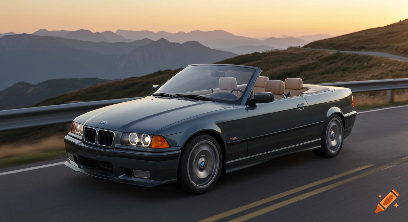 A dark grey BMW E36 convertible drives on a winding mountain road at sunset, with rolling hills in the background.