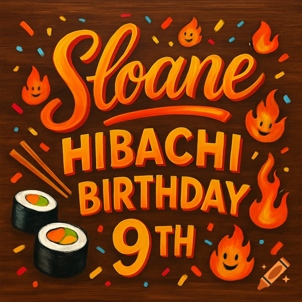 A colorful hand-painted sign for Sloane's 9th Hibachi Birthday, featuring sushi, chopsticks, and cute smiling fire characters on a wood background.