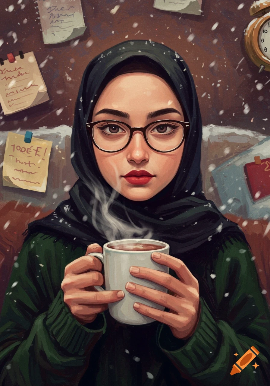 A Muslim girl in a black hijab and glasses holds a steaming mug, surrounded by falling snow and warm-toned notes, in an impressionist style.