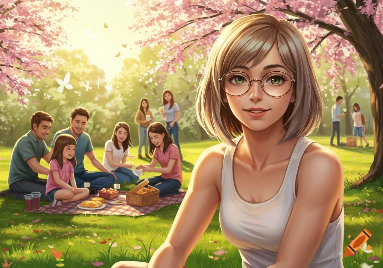 An anime-style image of a diverse group of friends and family having a picnic in a park with cherry blossoms in bloom. A woman with glasses smiles at the viewer in the foreground.