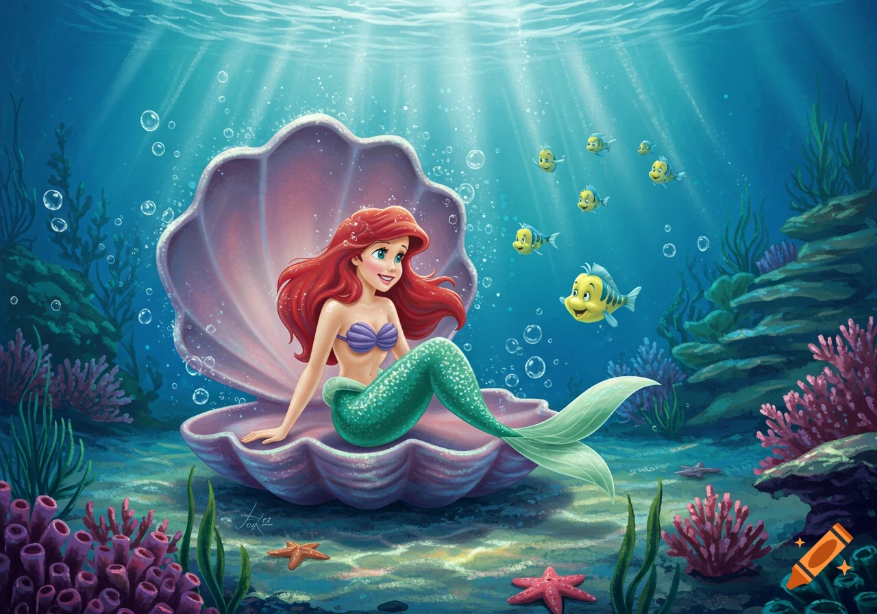 Ariel from The Little Mermaid, with red hair and a green tail, sits in a large pink clamshell underwater, surrounded by colorful coral, starfish, and cheerful yellow fish.