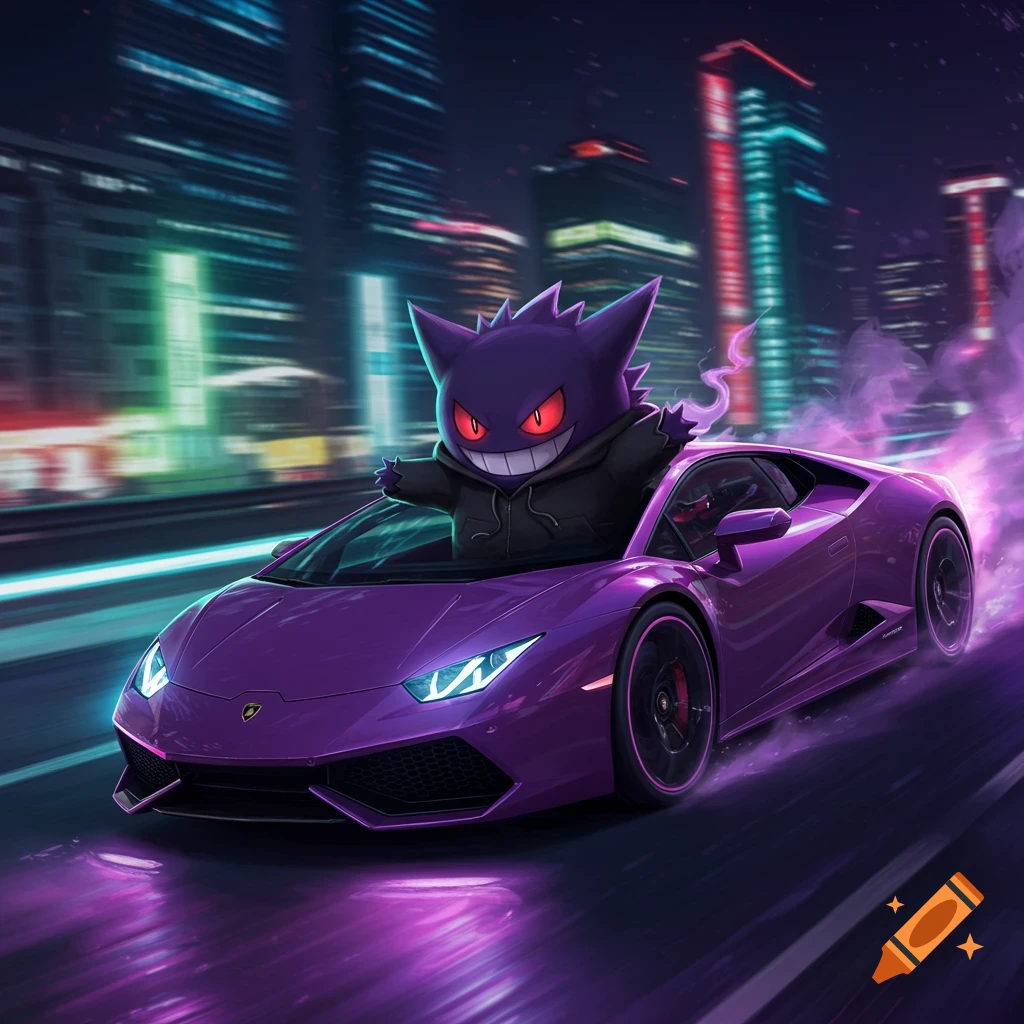 Gengar in a hoodie drives a purple Lamborghini with glowing headlights down a neon-lit city street at night, trailing purple smoke.