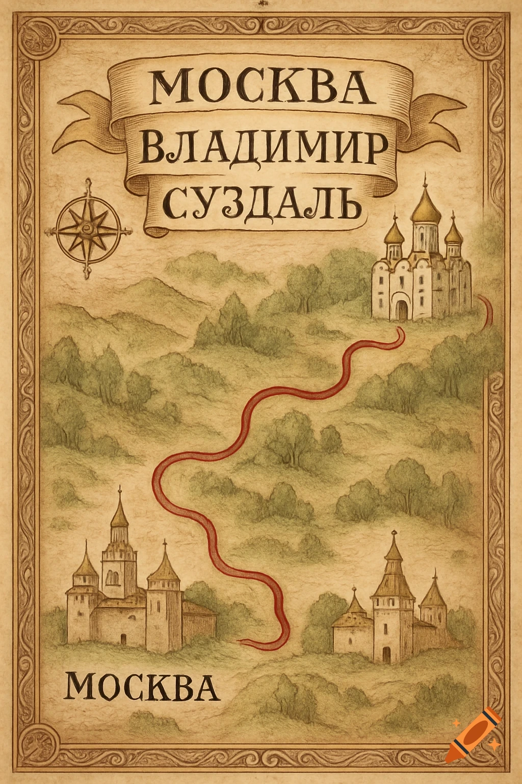 Vintage map depicting a route between Moscow, Vladimir, and Suzdal, with illustrated buildings and landscapes.