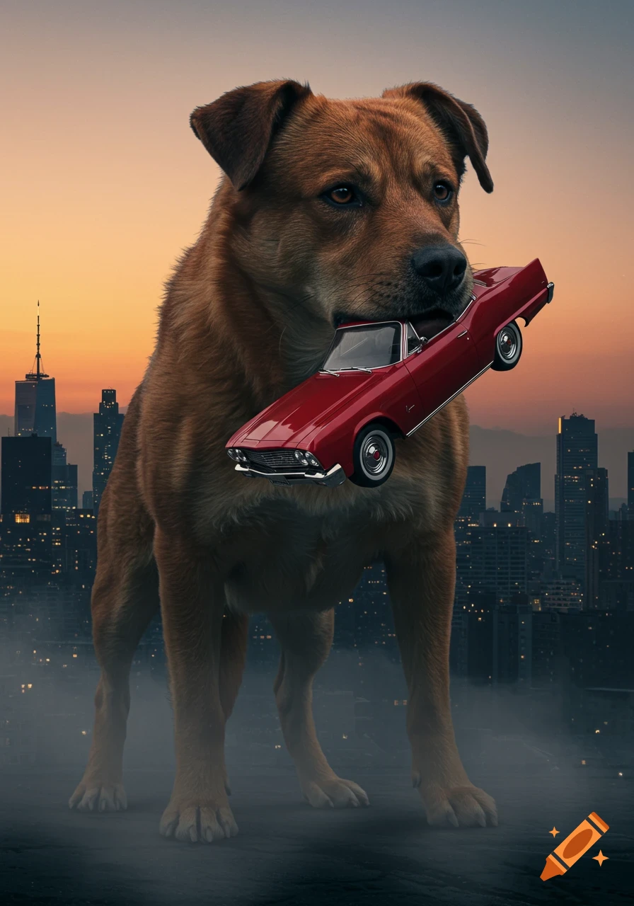 A giant brown dog holds a red classic car in its mouth, standing above a city skyline at sunset.
