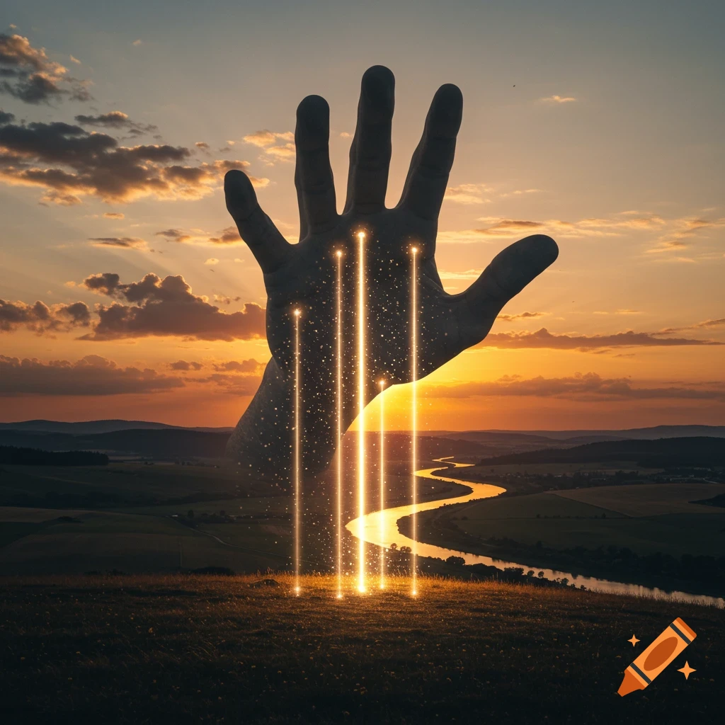 A giant hand rises from a grassy hill, emitting light beams into a sunset landscape with a winding river.