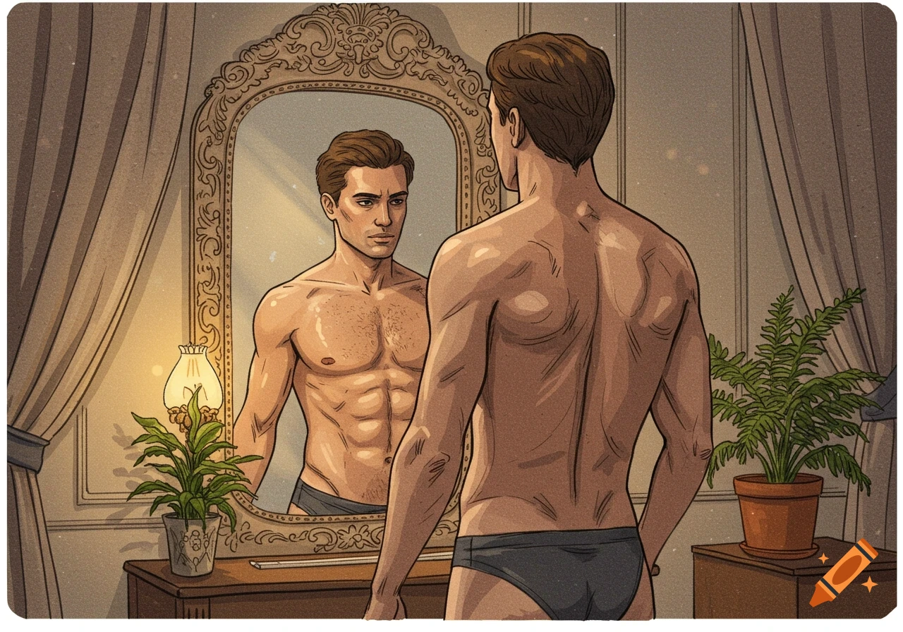 A muscular man in underwear views his reflection in an ornate mirror, in a drawn, illustrative style.