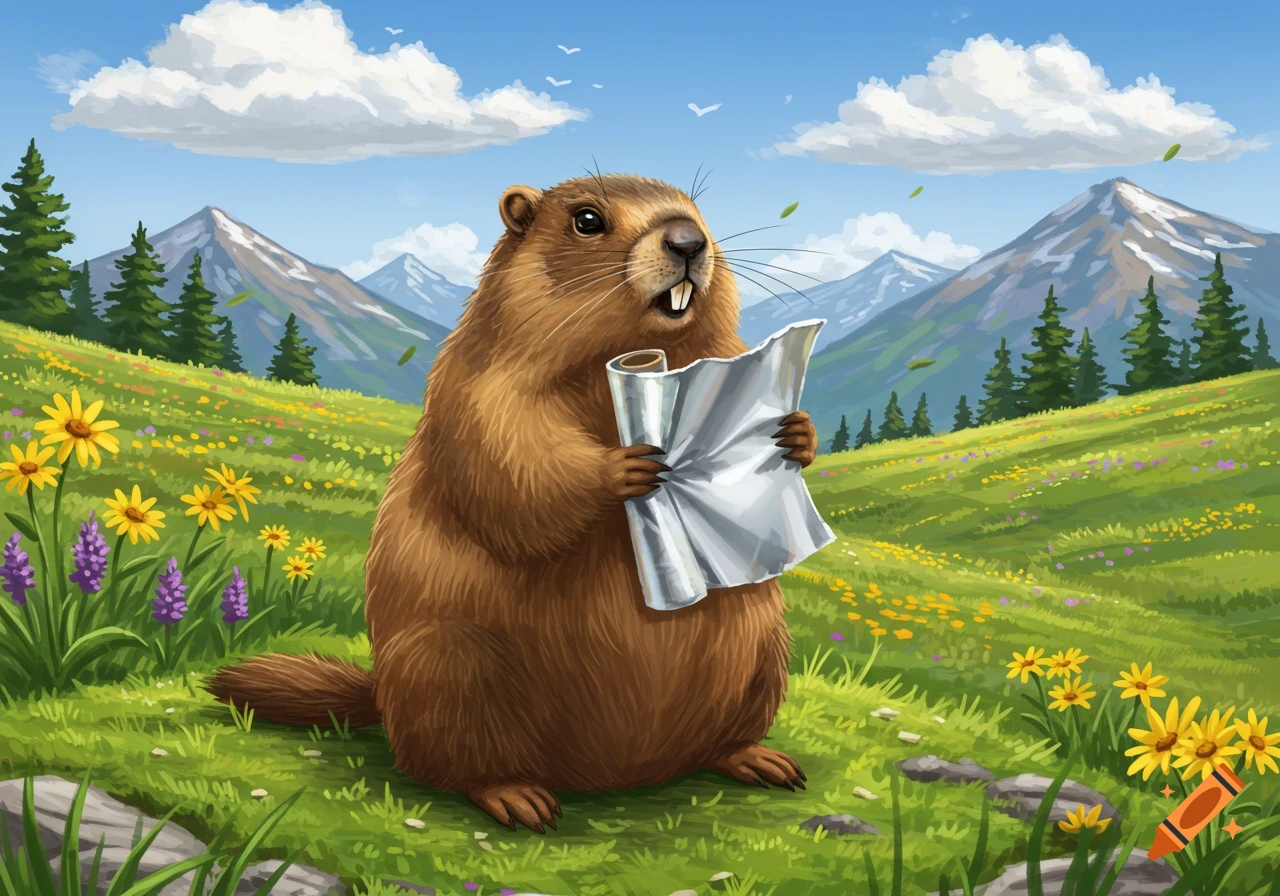 A cartoon marmot holding crumpled aluminum foil in a sunny mountain meadow with wildflowers.