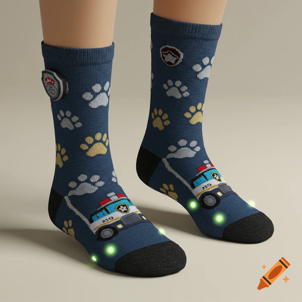 A pair of navy blue children's socks featuring Paw Patrol-themed police cars, paw prints, and flashing green lights around the toes.