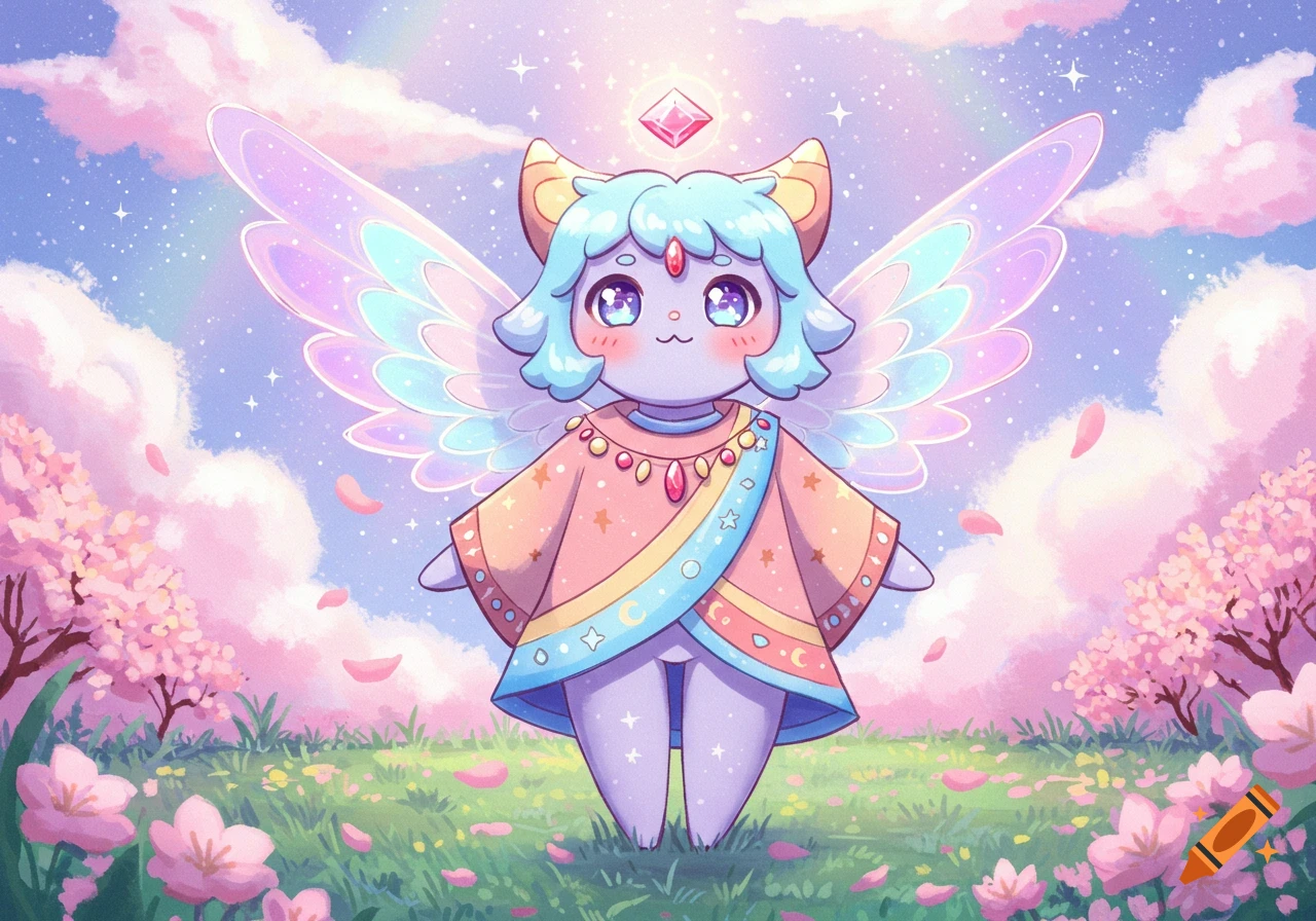 A cute, blue-haired, horned, winged fairy-like creature with a gem on its head stands in a field of pink flowers under a starry sky in anime style.