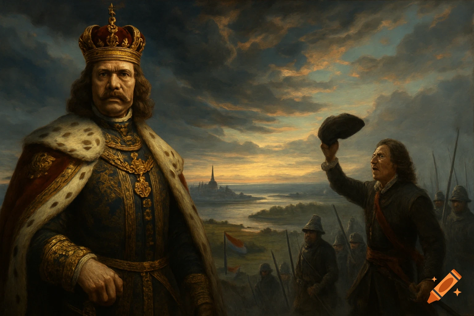A king in ornate robes stands in a dramatic oil painting with soldiers and a man raising his hat in the background, a distant city on the horizon.
