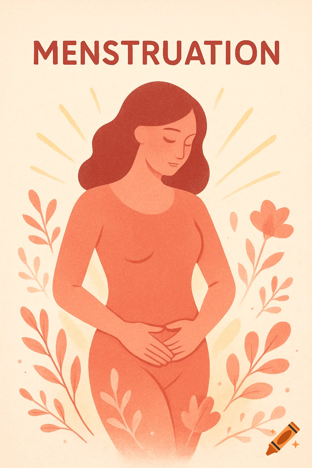 Stylized illustration of a woman in red holding her abdomen, with text 'MENSTRUATION' above, surrounded by glowing lines and leaves.