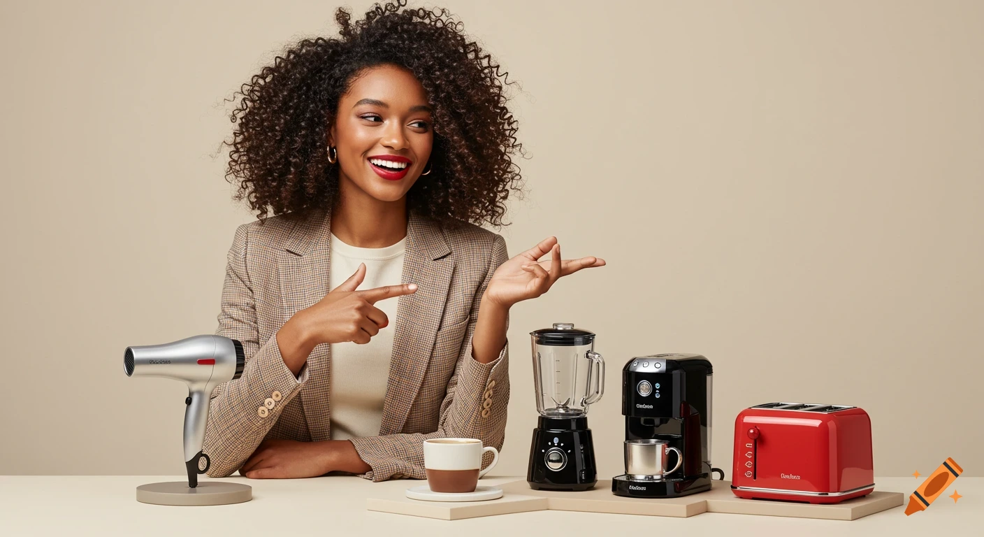 A smiling woman with curly hair points at a hair dryer, blender, coffee machine, and toaster on a table against a beige background.