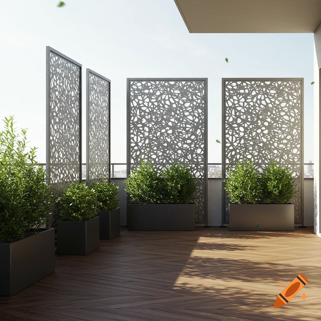 A modern outdoor terrace features dark wooden flooring, several potted green plants, and four tall privacy screens with intricate cutout patterns.