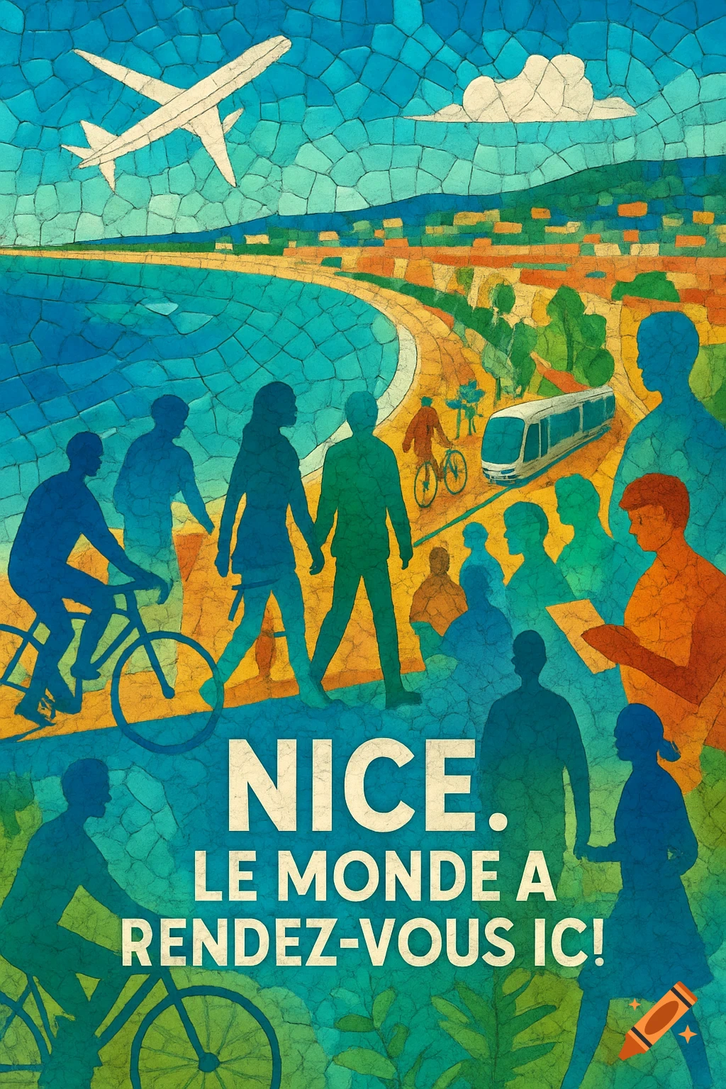 Stylized mosaic travel poster for Nice featuring a beach, an airplane, people walking and cycling, and the slogan "NICE. LE MONDE A RENDEZ-VOUS IC!"