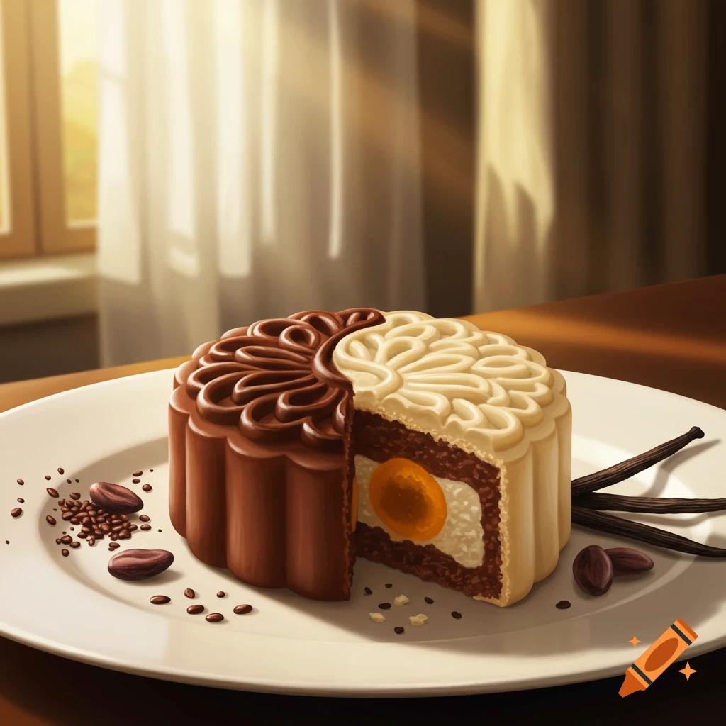 A mooncake split into chocolate and vanilla halves, showing red bean paste and a salted egg yolk filling, on a plate with cocoa beans and vanilla pods.