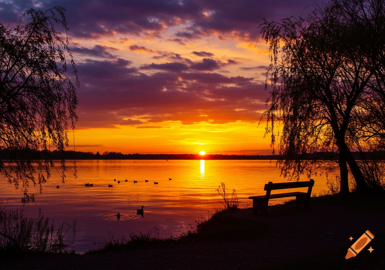 A vibrant orange and purple sunset over a calm lake, silhouetting trees and a bench on the shore with ducks swimming.