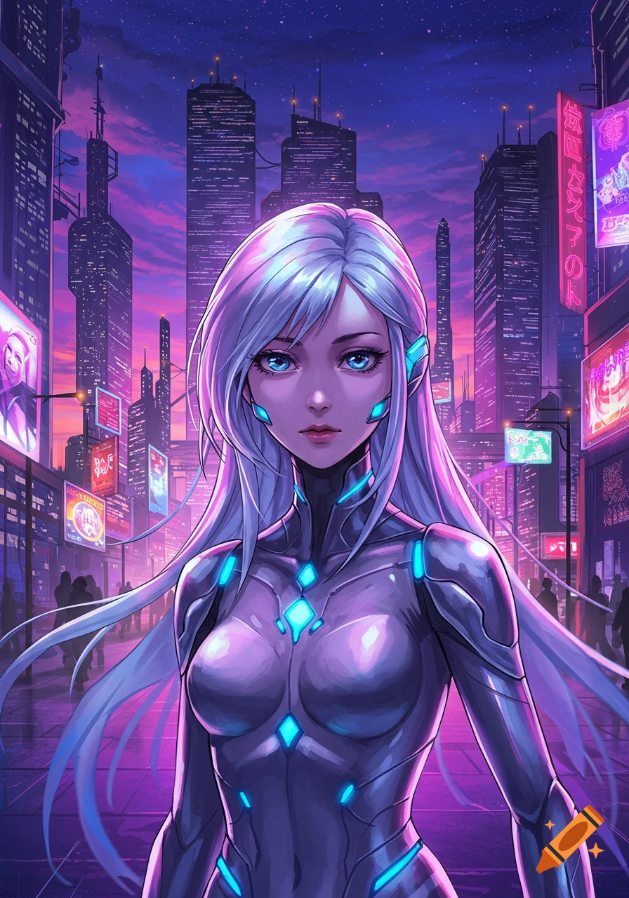 Anime woman with silver hair and glowing blue eyes in a futuristic suit stands in a neon-lit cyberpunk city at night.