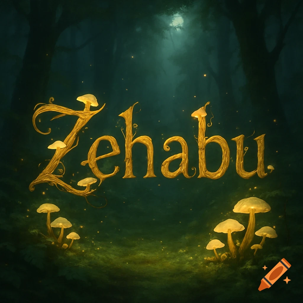 Glowing golden word 'Zehabu' crafted from vines and mushrooms in a dark, magical forest with fireflies.