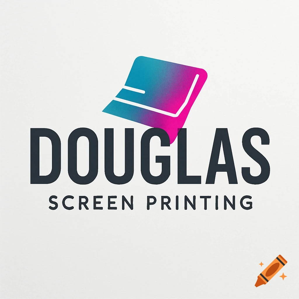 A modern logo for Douglas Screen Printing with a teal and pink gradient graphic icon above the text.