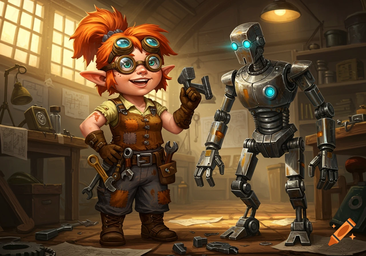A cheerful, red-haired gnome inventor in a workshop holding a tool next to a tall, metallic robot with glowing blue eyes, cartoon style.