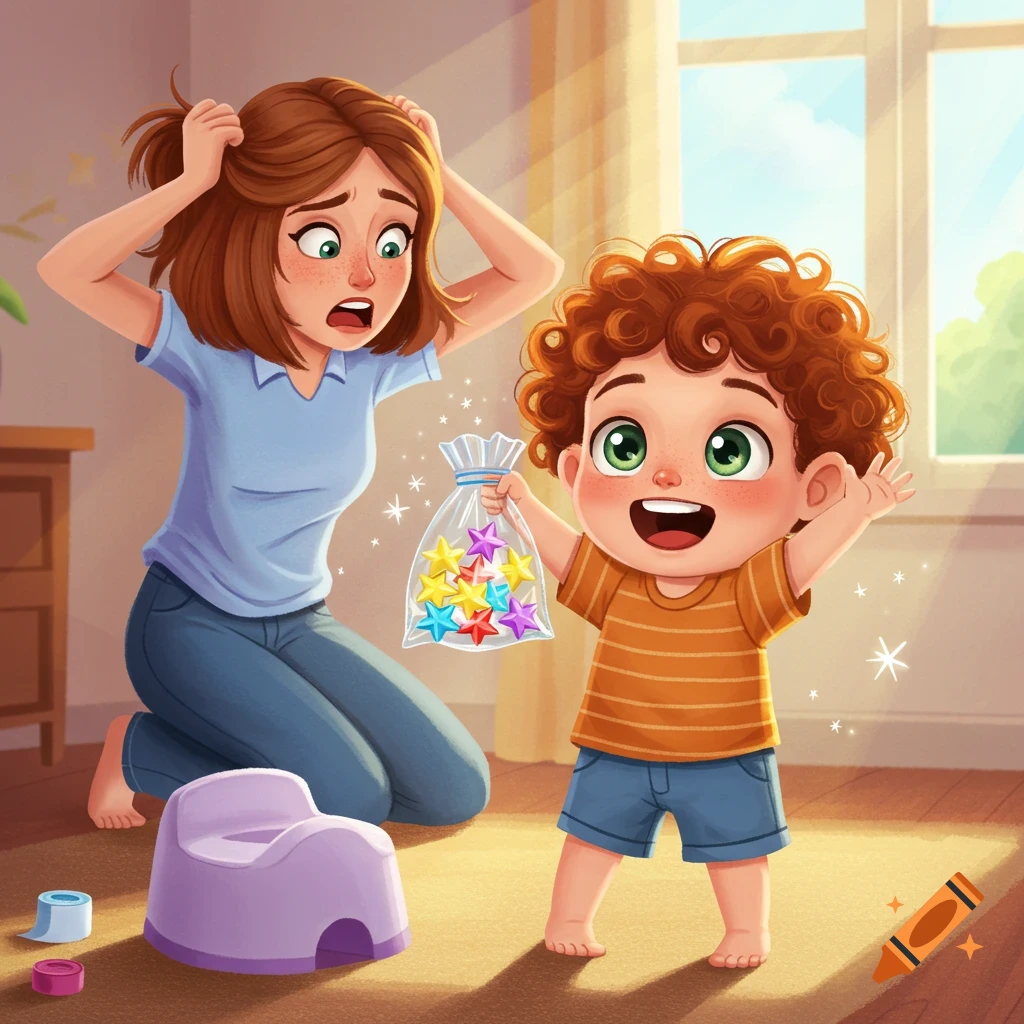 A cartoon mother holds her head in exasperation as her happy toddler son, holding a bag of colorful stars, stands proudly next to a purple potty.
