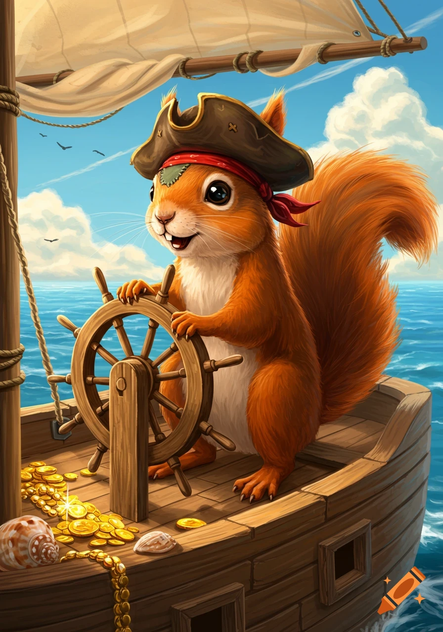 A cute, anthropomorphic red squirrel wearing a pirate hat steers a wooden ship, with gold coins on the deck and a blue ocean in the background.