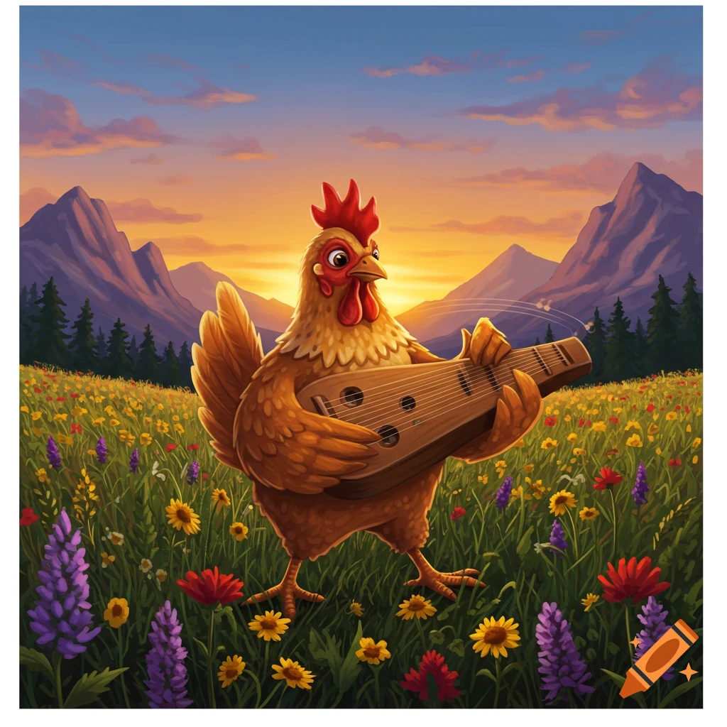 A cartoon chicken plays a stringed instrument in a vibrant wildflower field with mountains and a colorful sunset sky.