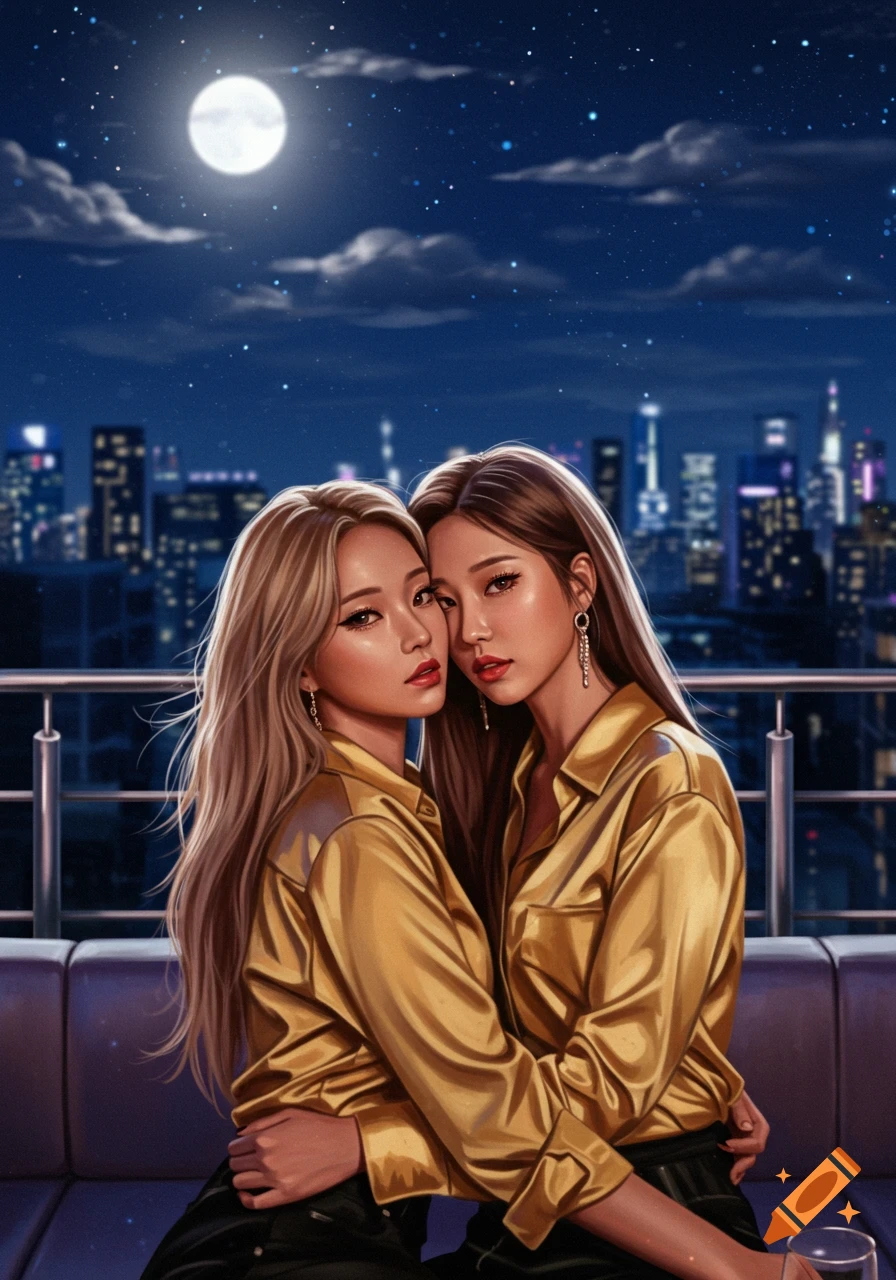 Two K-pop women in golden silk tops hug on a rooftop lounge, with a city skyline and full moon at night in this digital painting.