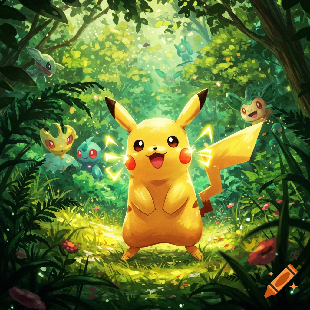 Pikachu, glowing with electricity, smiles happily in a lush, sun-dappled forest with other Pokemon peeking from the background.