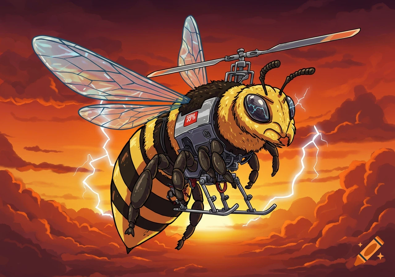 Angry cartoon bee with helicopter parts and '70%' label, flying through a stormy orange sky with lightning.