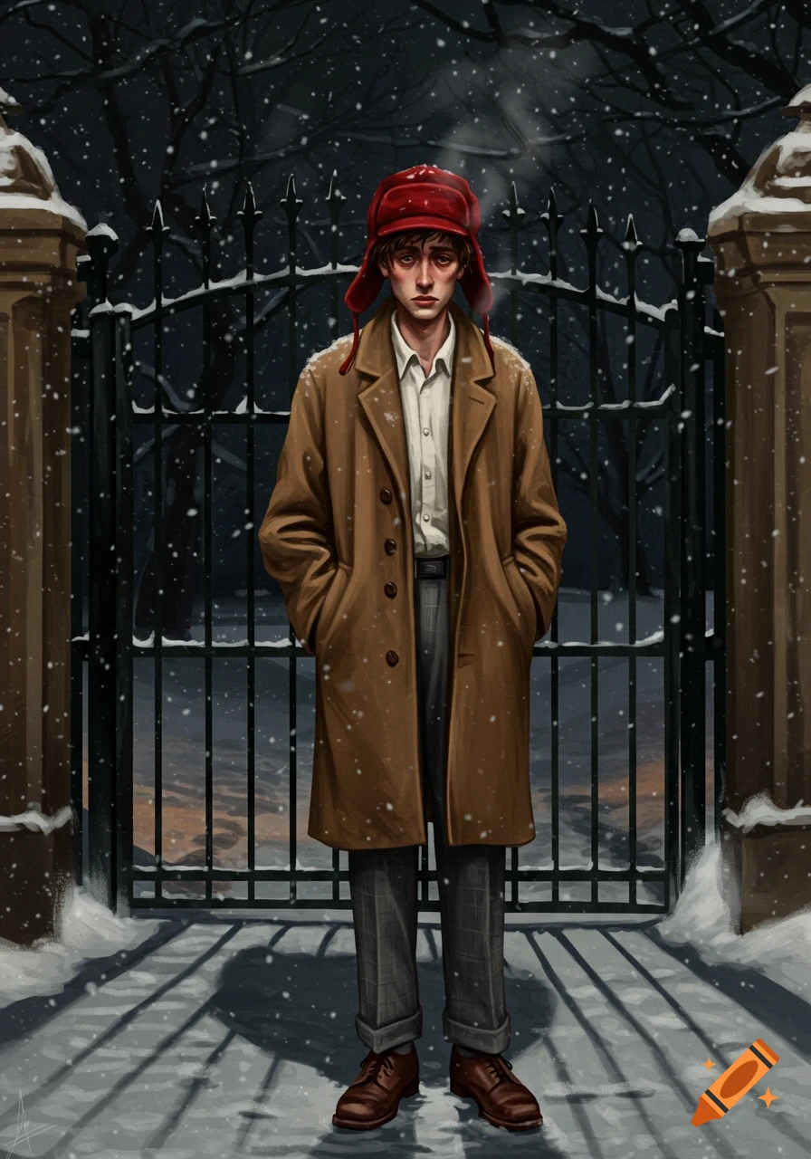 An illustrated young man in a red cap and tan coat stands with a somber expression in falling snow before a wrought iron gate at night.