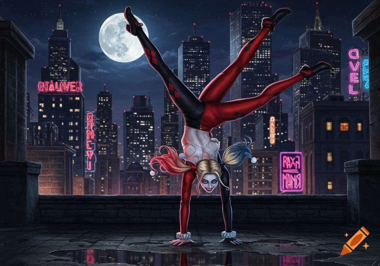 Harley Quinn in a red and black jester outfit doing a handstand on a dark city rooftop under a full moon, in a comic art style.