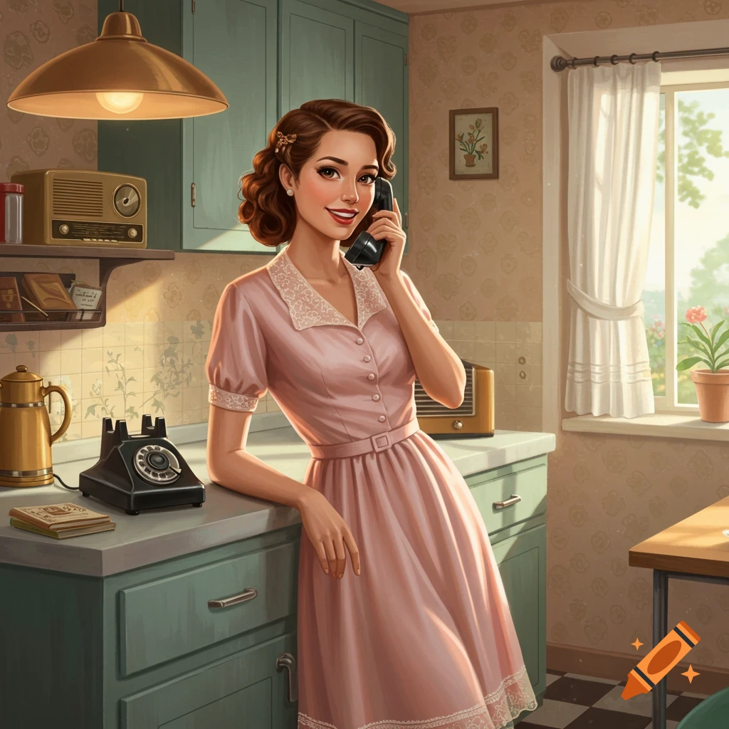 An illustration of a vintage woman in a pink dress talking on a rotary phone in a 1950s-style kitchen.