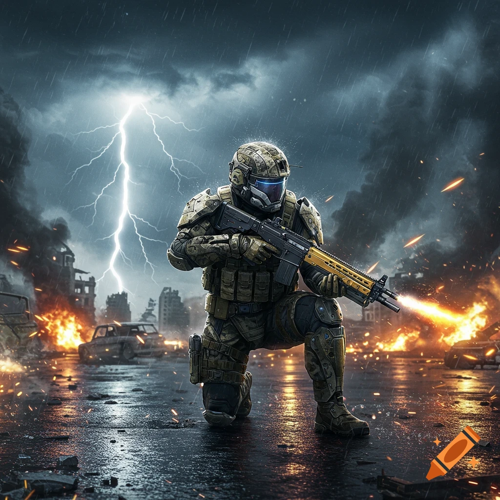 A futuristic soldier in armored camouflage kneels on a rain-slicked battlefield with a rifle, as lightning strikes amidst explosions and ruined buildings.