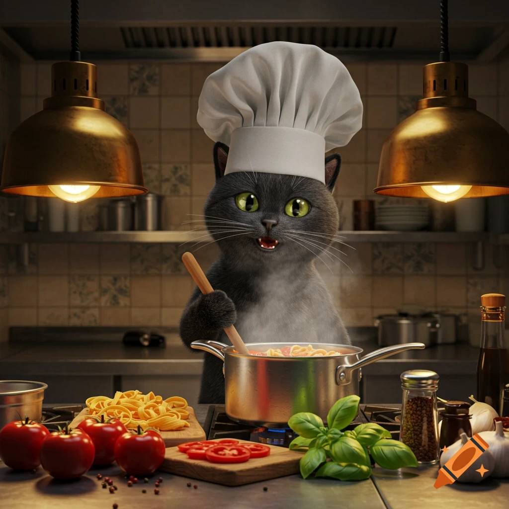 A cartoon grey cat in a chef's hat stirs pasta in a pot in a professional kitchen with warm lighting and fresh ingredients, in Pixar style.