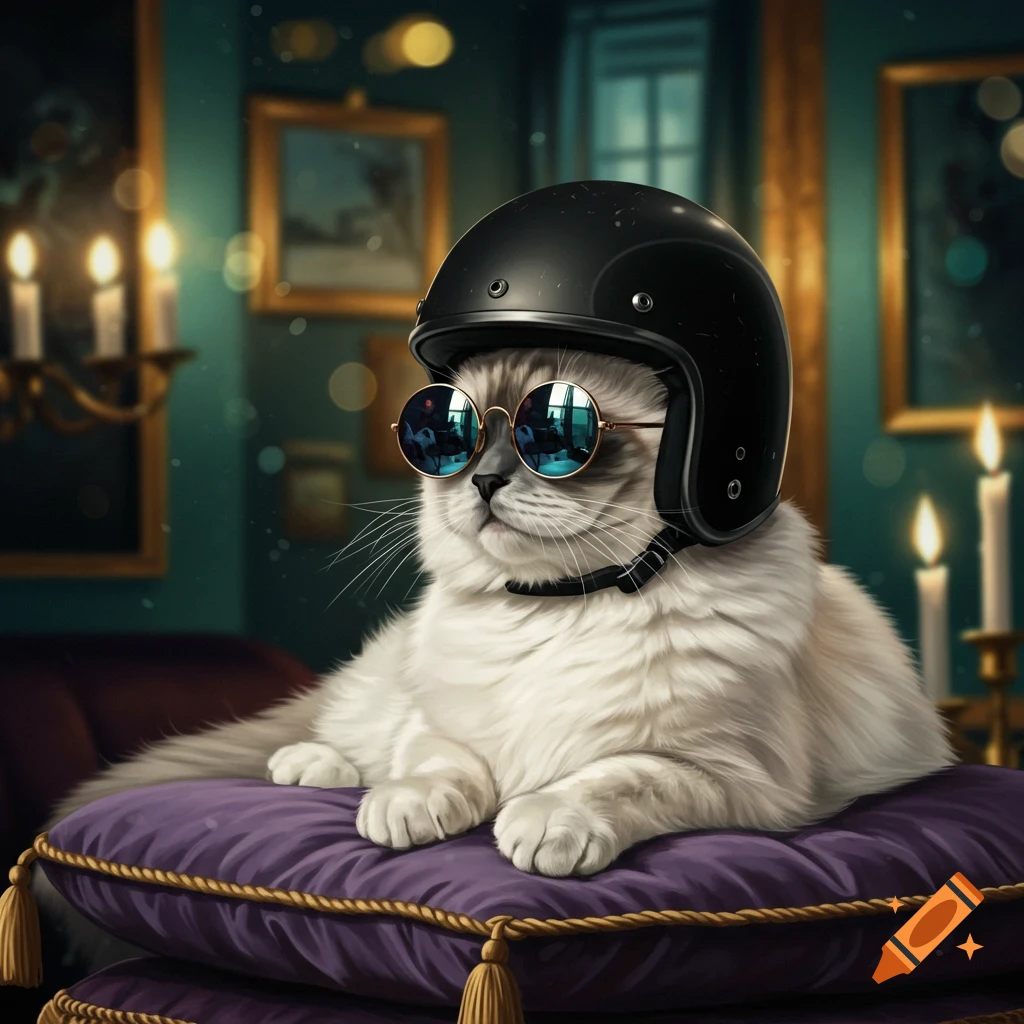 A fluffy seal bi-color Ragdoll cat wearing a black motorcycle helmet and round reflective sunglasses, sitting on purple cushions in an ornate room.