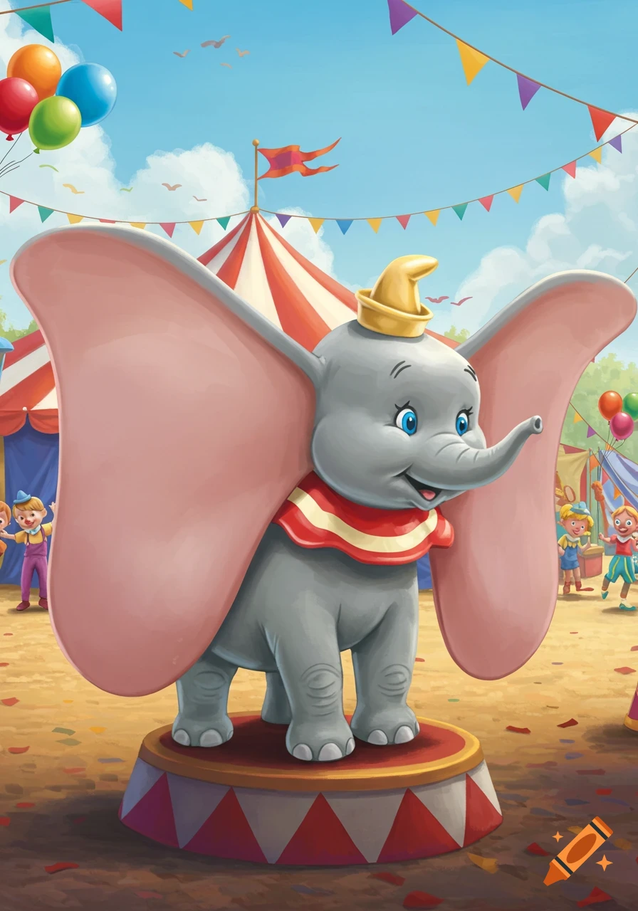 Cartoon illustration of Dumbo, a baby elephant in a yellow hat and red ruffle, standing on a circus pedestal with a big top and balloons in the background.