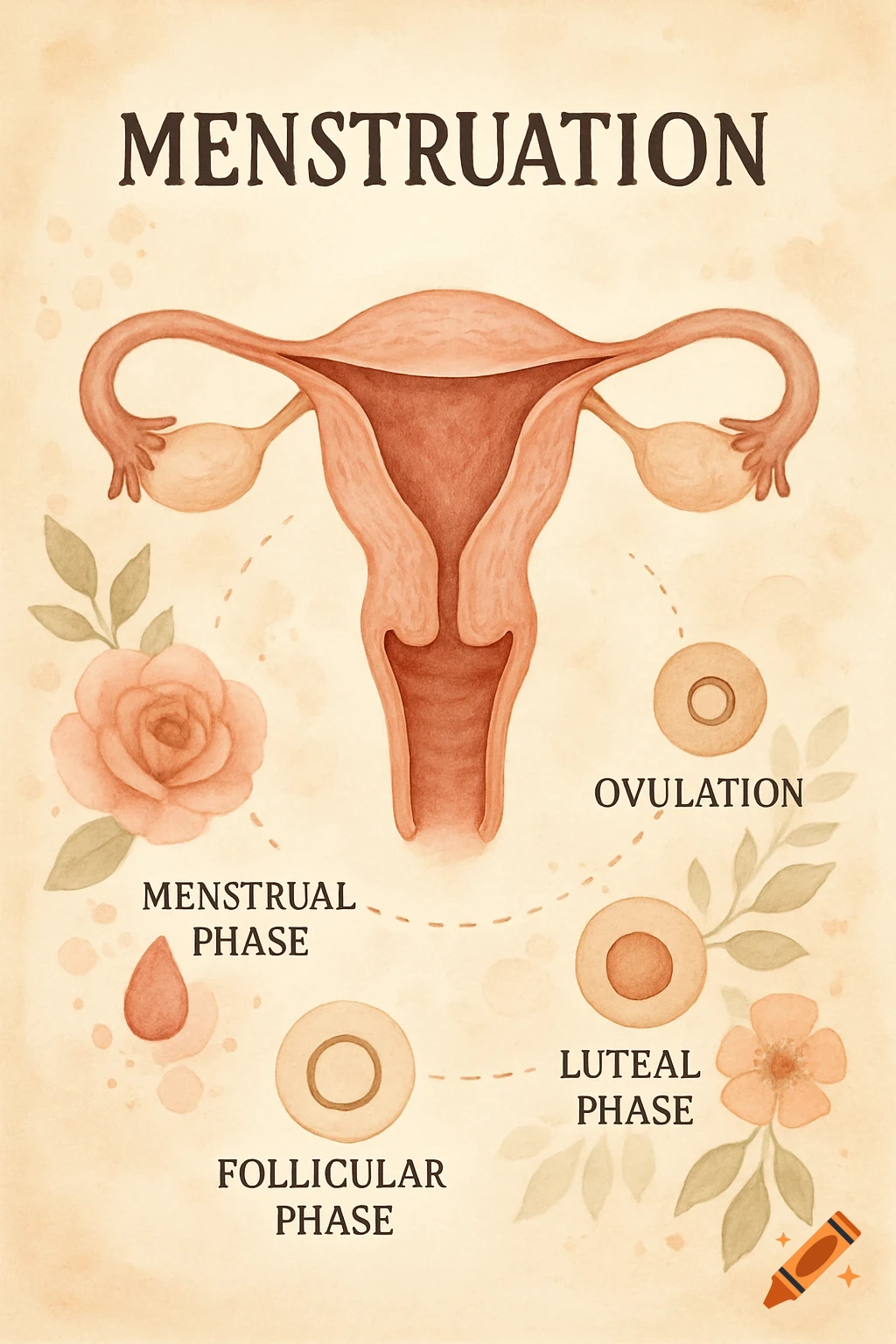 A watercolor diagram illustrating the female reproductive system and the phases of the menstrual cycle.