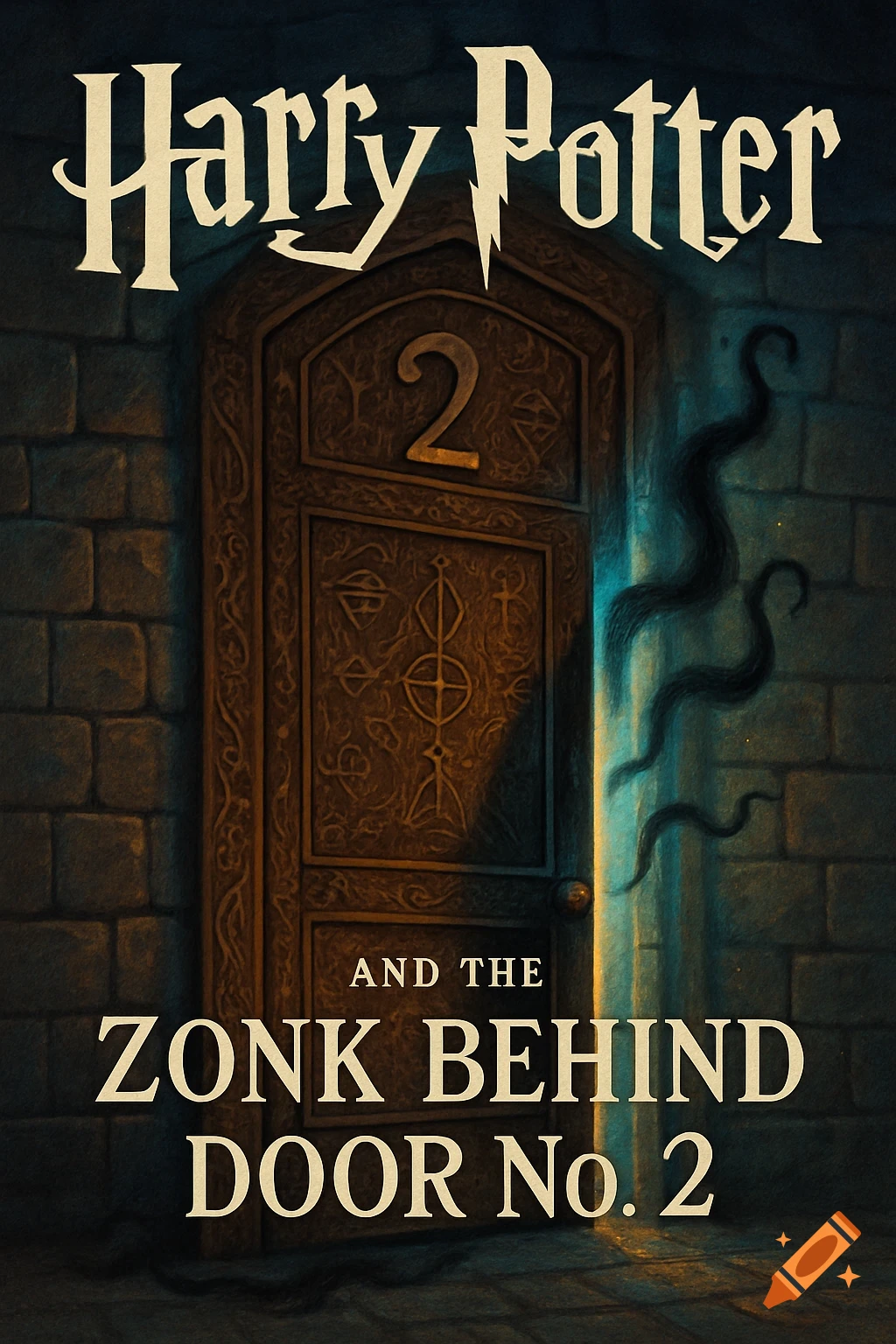 Book cover for 'Harry Potter and the Zonk Behind Door No. 2', featuring an ornate wooden door with a glowing blue crack and dark tendrils.